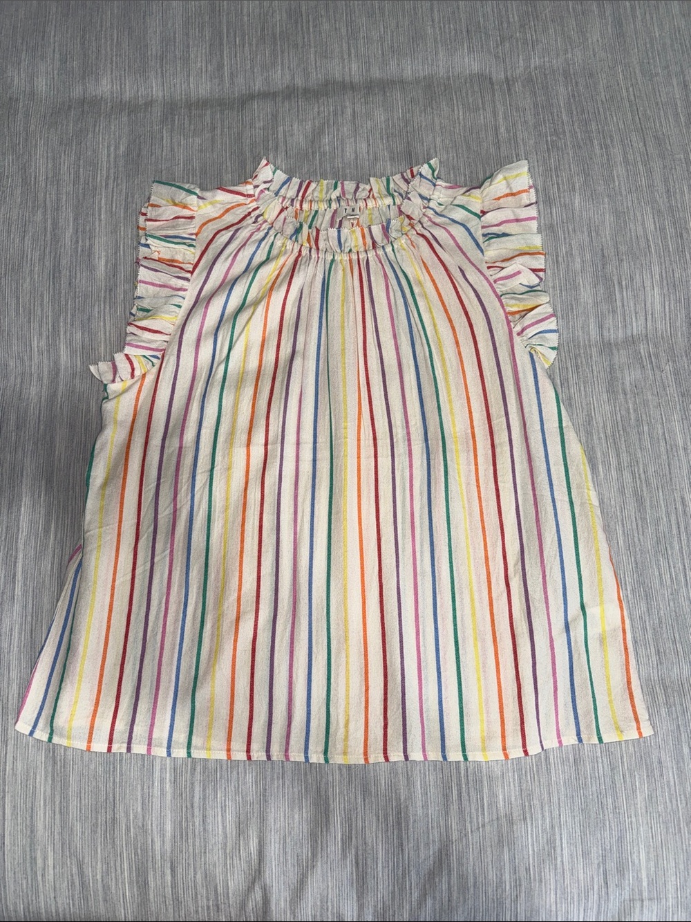 THML Women’s L White Rainbow Stripe Ruffle Sleeve Blouse 100% cotton